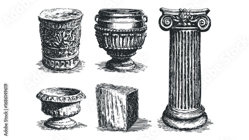 Collection of antique architectural elements and urns depicted in a sketch style. Vector hand drawn illustration