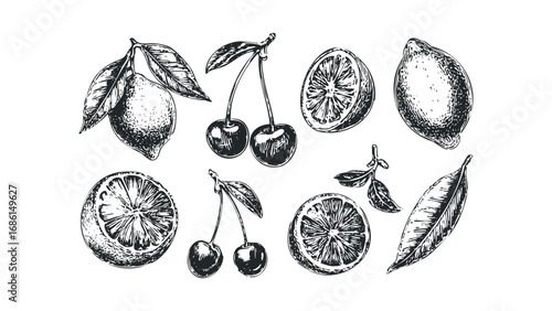 Pen and ink sketch of assorted citrus fruits and cherries with leaves. Vector hand drawn illustration