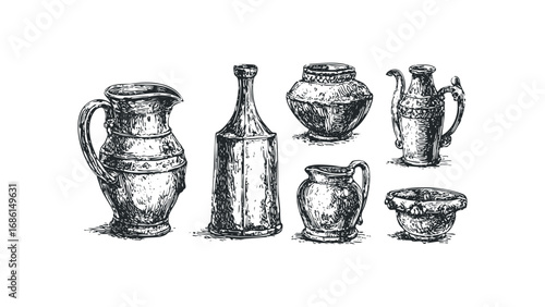 Vintage Ceramic Vessels Collection Hand Drawn Sketch. Vector hand drawn illustration