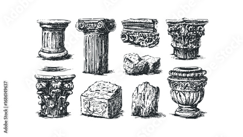 Sketch Collection of Ancient Architectural Elements on White. Vector hand drawn illustration