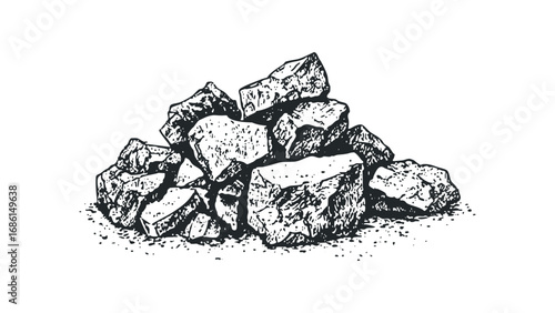 Group of rough rock fragments piled together, hand-drawn sketch on transparent background. Vector hand drawn illustration