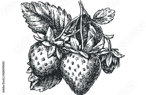 Sketch of ripe strawberries on a vine with leaves. Vector hand drawn illustration