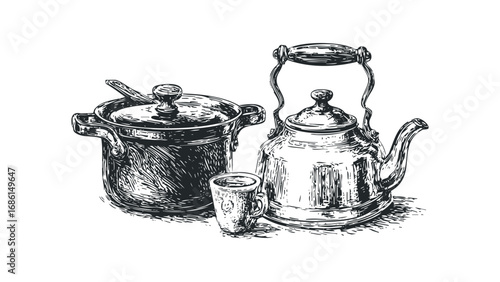 Vintage teapot, pot, and cup depicted in a classic black and white sketch. Vector hand drawn illustration