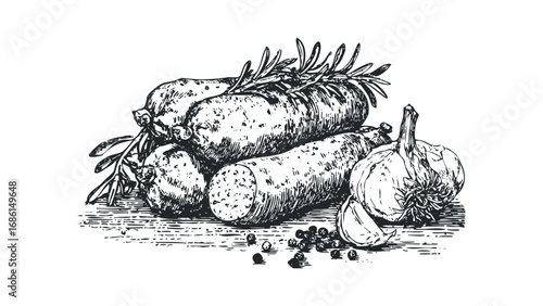 Hand Drawn Charcuterie Ingredients: Italian Salami, Garlic, and Rosemary Sprigs. Vector hand drawn illustration