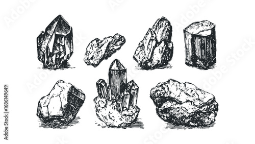 Collection of hand-drawn natural geological rock formations and crystal clusters. Vector hand drawn illustration
