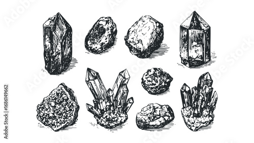 Collection of various hand-drawn crystals and raw mineral specimens. Vector hand drawn illustration