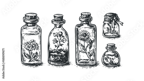 Collection of Antique Bottles with Botanical Specimens Captured Inside. Vector hand drawn illustration