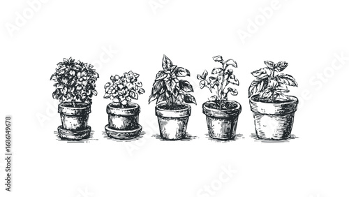 Hand drawn basil plants in pots, fresh herb cultivation sketch. Vector hand drawn illustration
