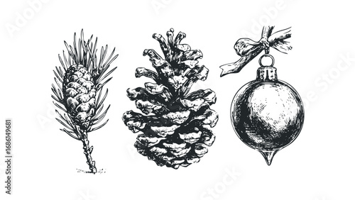 Hand Drawn Pinecone Trio With Holiday Ornament. Vector hand drawn illustration