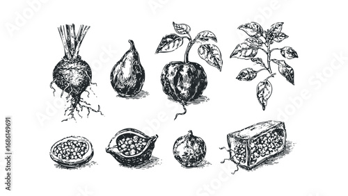 Black and white sketch of root vegetable and fruits on transparent background. Vector hand drawn illustration
