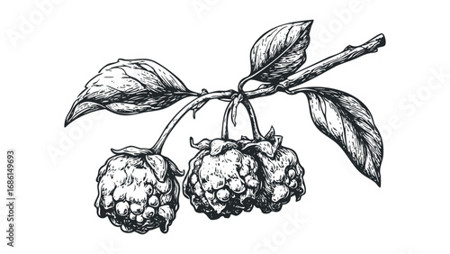 Hand drawn sketch of ripe raspberries on a stem with leaves. Vector hand drawn illustration