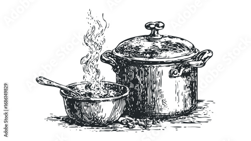 Line Art Drawing of Steaming Pots and Bowl with Spoon. Vector hand drawn illustration