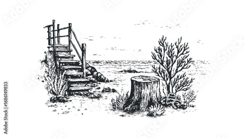 Wooden stairs leading to a rocky shore with a tree stump and sparse vegetation. Vector hand drawn illustration
