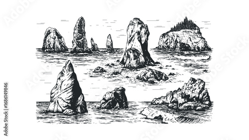 Seascape with jagged rock formations and crashing waves. Vector hand drawn illustration