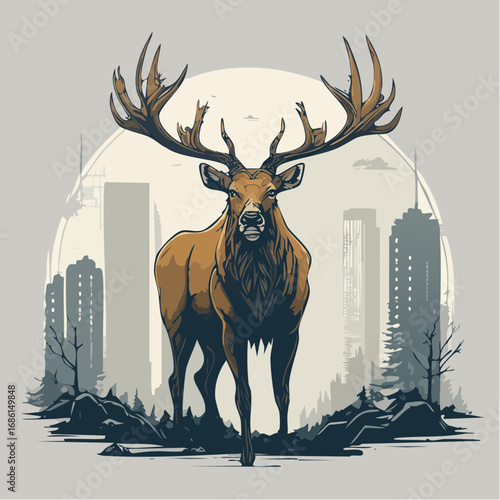 elk emerging from misty urban ruins with majestic antlers in sharp monochrome