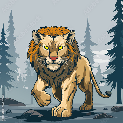 mountain lion stalking through ruined forestscape with ember glowing eyes in backlight
