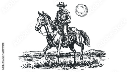 Man riding horse in arid landscape with moon overhead. Vector hand drawn illustration