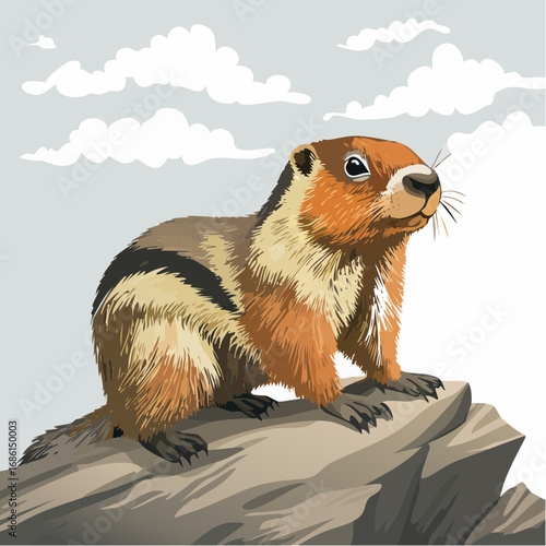 watchful marmot perched on rocky ledge under overcast sky in shadow
