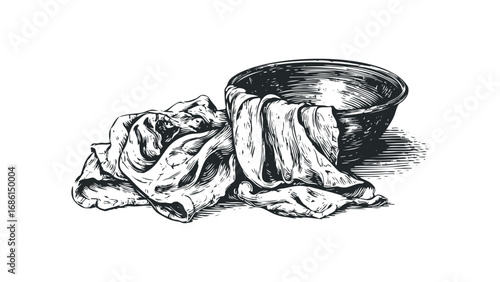 Ink drawing of crumpled fabric draped over a rustic bowl. Vector hand drawn illustration