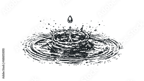 Splash and ripples formed by a water drop hitting a surface. Vector hand drawn illustration