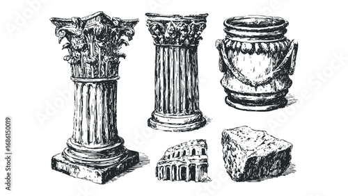 Ancient Roman architectural elements and stone debris collection. Vector hand drawn illustration