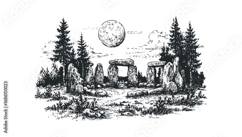 Ancient standing stones and full moon over forested landscape. Vector hand drawn illustration