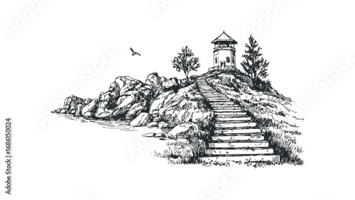Sketch of stone steps leading up to a tower on a rocky hill with trees and a flying bird. Vector hand drawn illustration