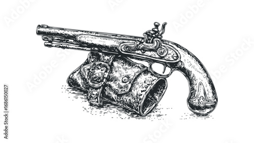 Flintlock pistol and pouch on a transparent background. Vector hand drawn illustration