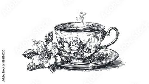 Vintage Hand Drawn Tea Cup with Blooming Flowers and Steam. Vector hand drawn illustration