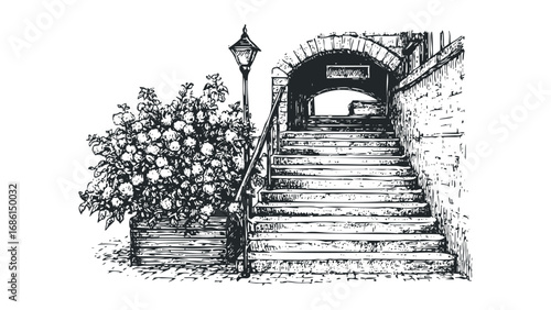 Sketch of stone stairs under an archway with a lamppost and flower planter. Vector hand drawn illustration