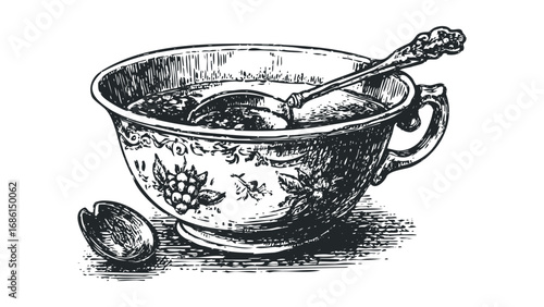 Antique bowl with spoon and serving ladle filled with liquid. Vector hand drawn illustration