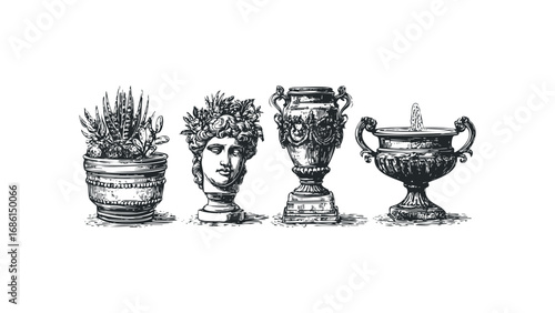 Four decorative antique pots with floral and sculptural elements on white. Vector hand drawn illustration