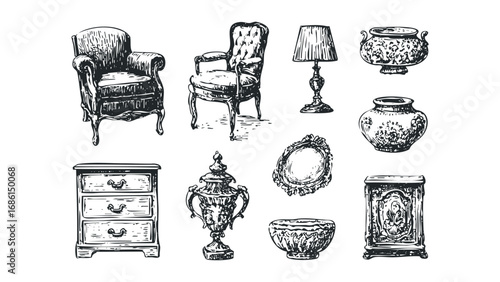 Collection of antique ornate furniture and decorative vases. Vector hand drawn illustration