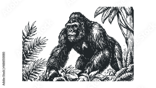 Detailed ink sketch of a large gorilla amidst lush jungle foliage. Vector hand drawn illustration