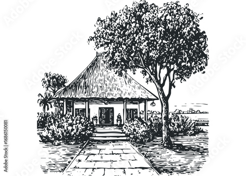 Sketch of a tropical open-air pavilion with a thatched roof and lush vegetation. Vector hand drawn illustration