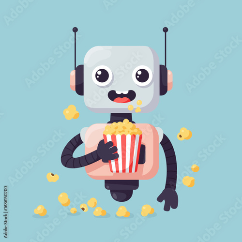A cheerful robot holding a popcorn bucket, surrounded by flying popcorn.