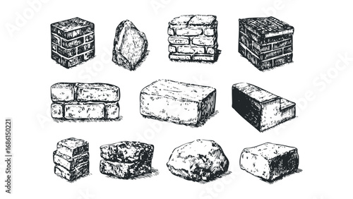 Hand Drawn Collection of Assorted Masonry Blocks and Stones. Vector hand drawn illustration