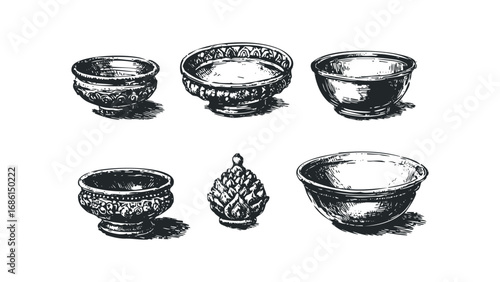 Collection of Ornate Bowls and Decorative Object Hand Drawn Sketch. Vector hand drawn illustration