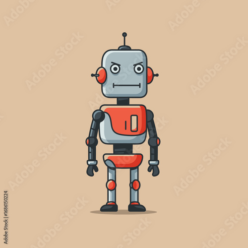 A cartoon-style robot with a simple design, featuring a gray and red color scheme.