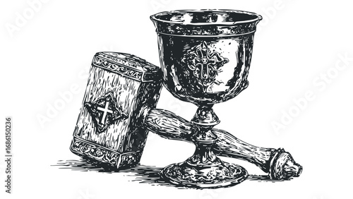 Ornate Holy Chalice and Cross Emblem Book on Transparent Background. Vector hand drawn illustration