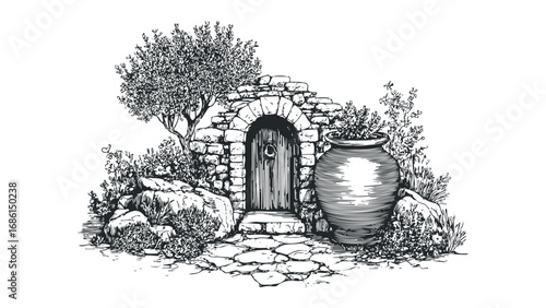 Stone Archway Entrance with Large Terracotta Pot and Olive Tree. Vector hand drawn illustration