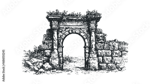 Ancient stone archway ruin with overgrown vegetation detail. Vector hand drawn illustration
