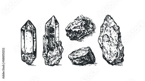 Group of five hand drawn gemstones and rough stones on a white background. Vector hand drawn illustration