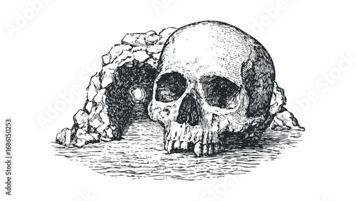 Macabre human skull emerging from rocky cavern entrance with dramatic shading. Vector hand drawn illustration