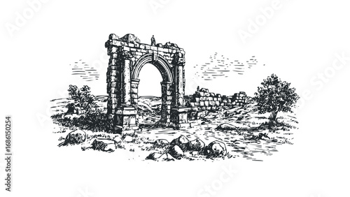 Ancient stone arch ruins and crumbled wall with trees and sky. Vector hand drawn illustration