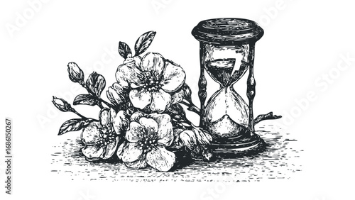 Sketch of an hourglass with blooming flowers on a white background. Vector hand drawn illustration