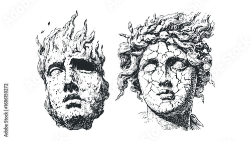 Collage of two ancient Greek bust statues, one engulfed in stylized flames and the other cracked. Vector hand drawn illustration