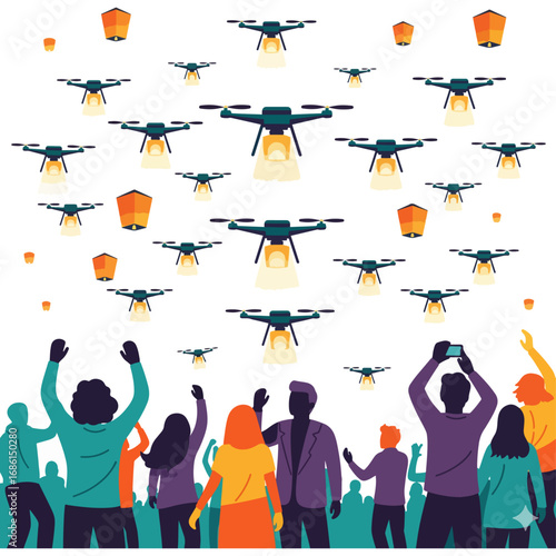 Drone shows and festivals: People taking pictures in a crowd; suitable for technology, event or t-shirt designs, greeting cards or any other decorative items, such as posters or wall art.