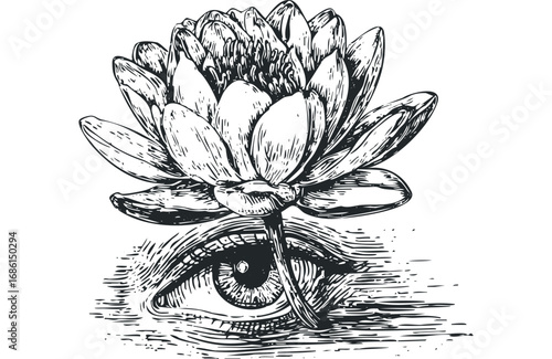 Intricate ink drawing of a lotus flower growing from an eye symbol. Vector hand drawn illustration