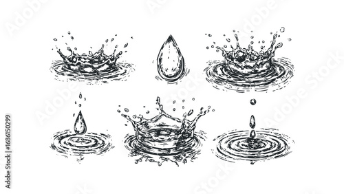 Hand Drawn Water Splashes and Drops Collection Transparent. Vector hand drawn illustration